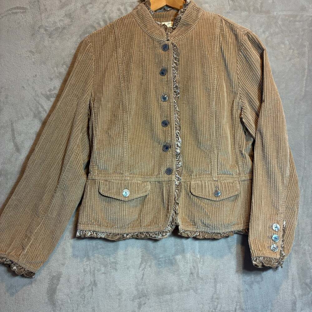 J. Jill Ribbed Corduroy Jacket Ruffled Trim Button Up Camel Size L
